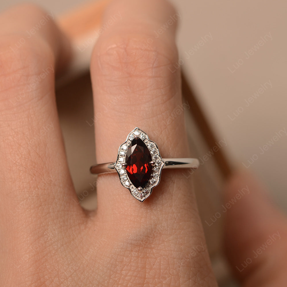 Marquise Cut Garnet Halo Engagement Ring - LUO Jewelry