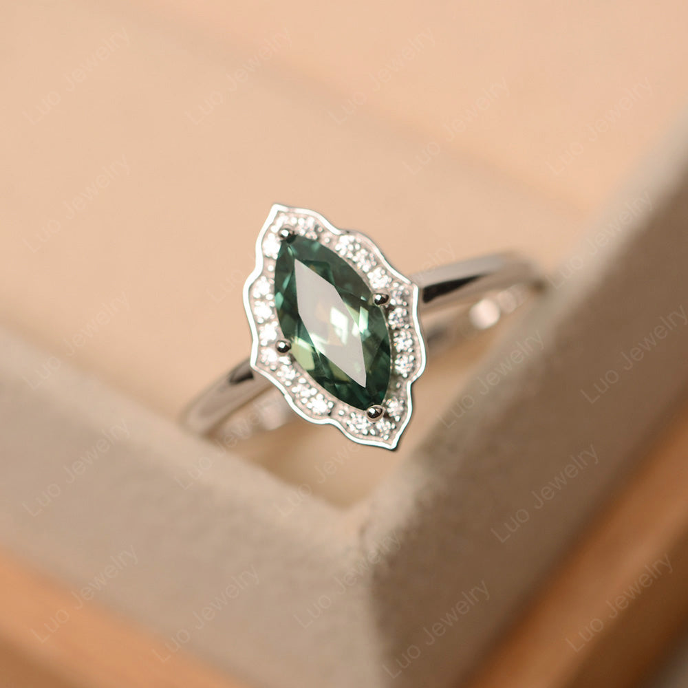 Marquise Cut Green Sapphire Halo Engagement Ring - LUO Jewelry