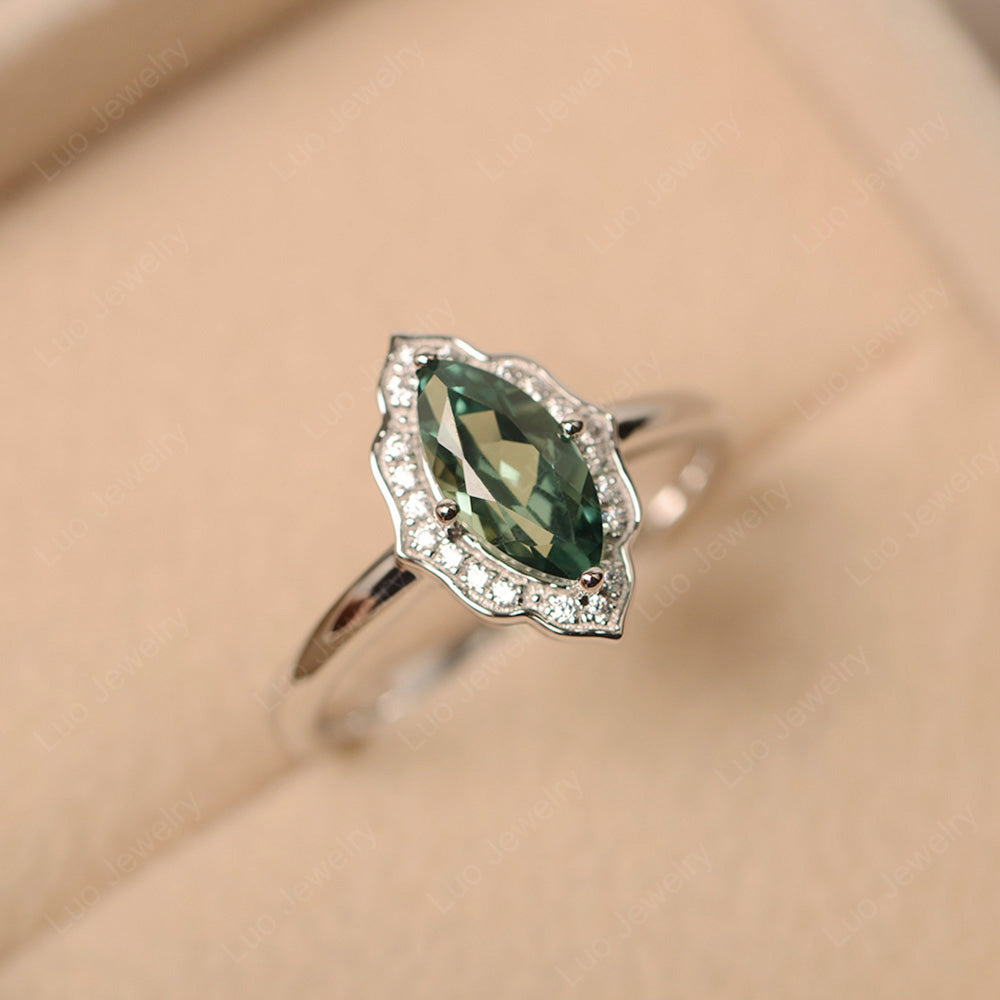 Marquise Cut Green Sapphire Halo Engagement Ring - LUO Jewelry