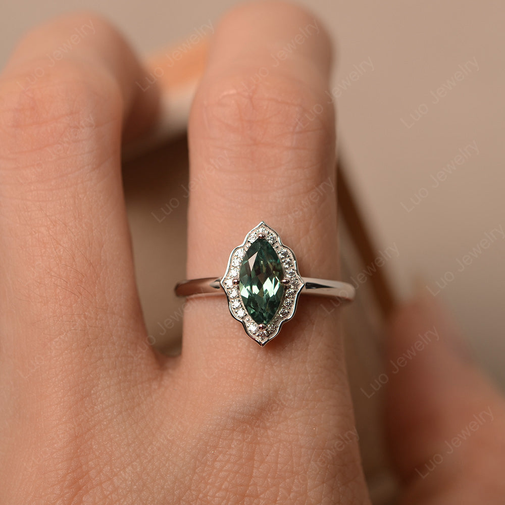 Marquise Cut Green Sapphire Halo Engagement Ring - LUO Jewelry