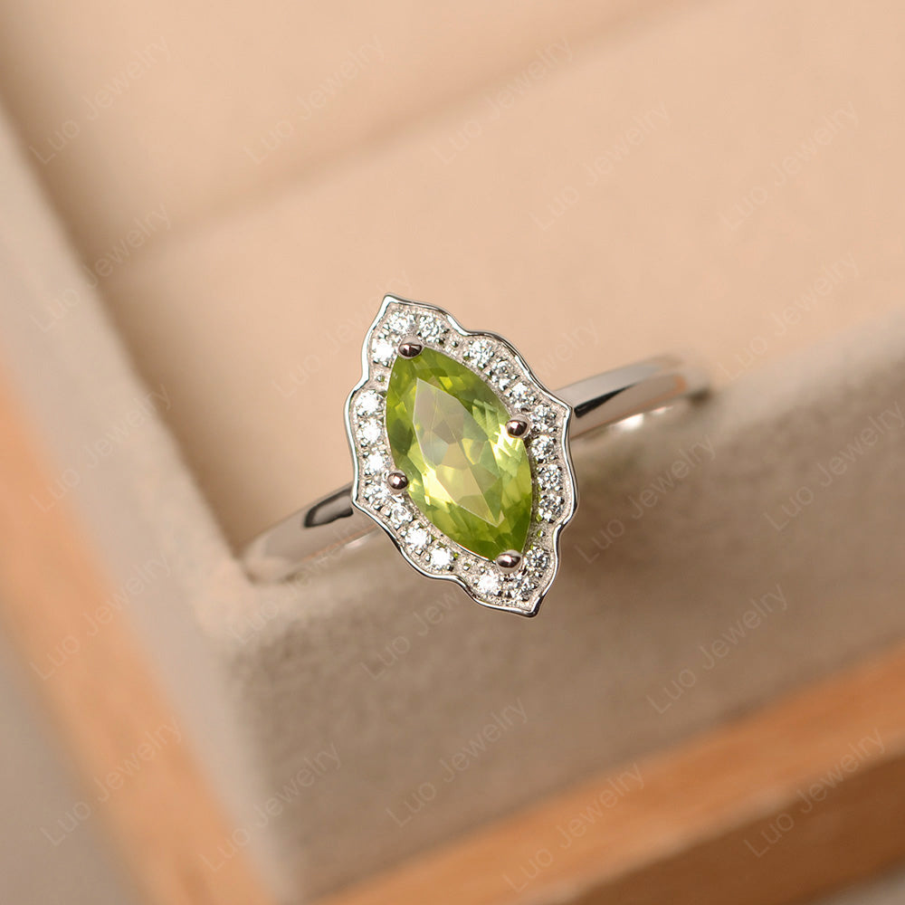 Marquise Cut Peridot Halo Engagement Ring - LUO Jewelry