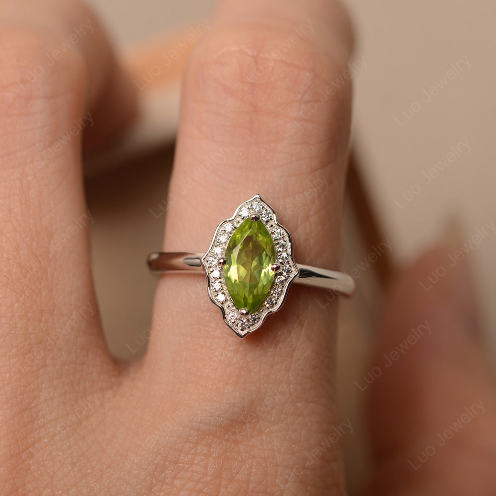 Marquise Cut Peridot Halo Engagement Ring - LUO Jewelry