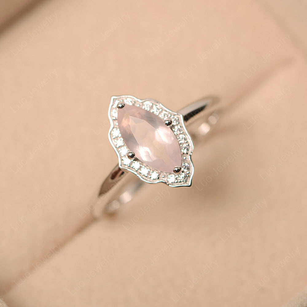 Marquise Cut Rose Quartz Halo Engagement Ring - LUO Jewelry
