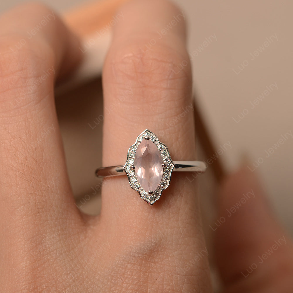 Marquise Cut Rose Quartz Halo Engagement Ring - LUO Jewelry