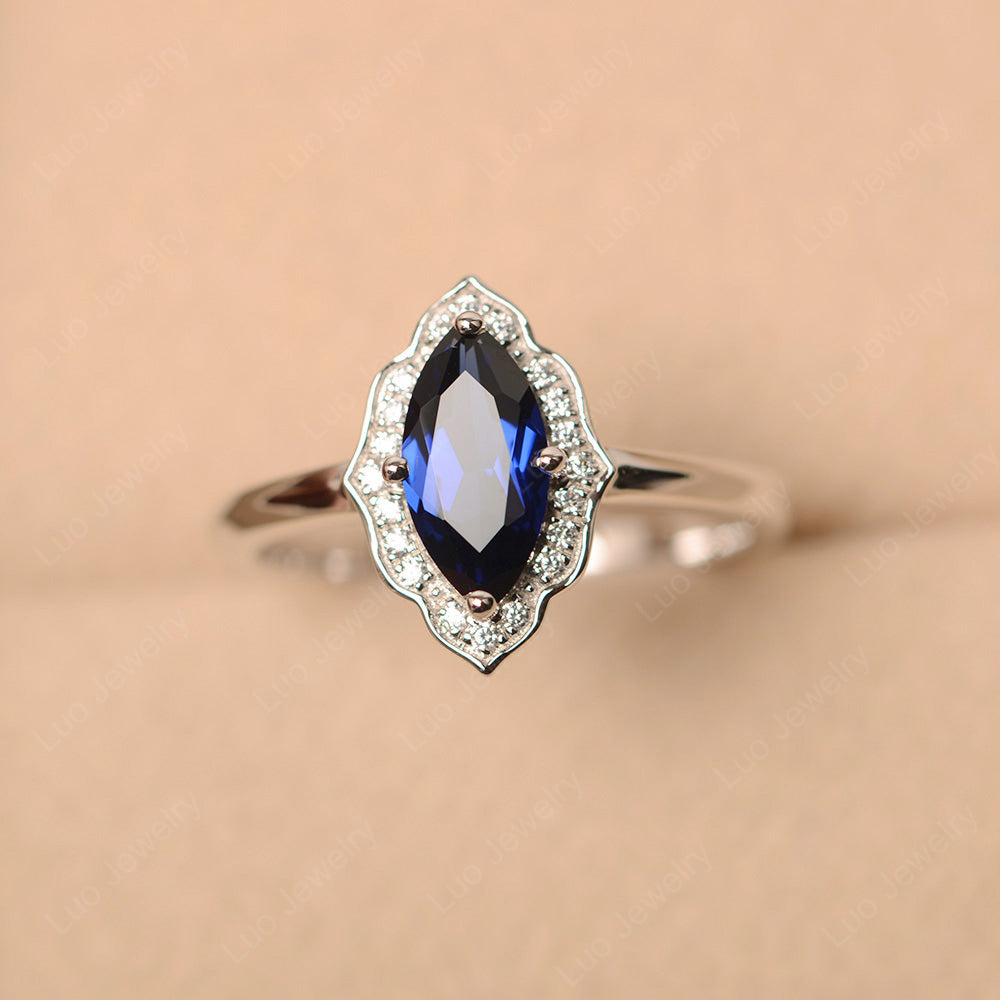Marquise Cut Lab Sapphire Halo Engagement Ring - LUO Jewelry