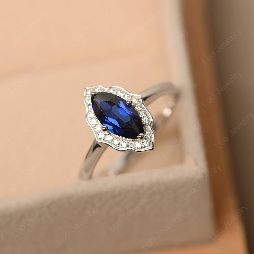 Marquise Cut Lab Sapphire Halo Engagement Ring - LUO Jewelry
