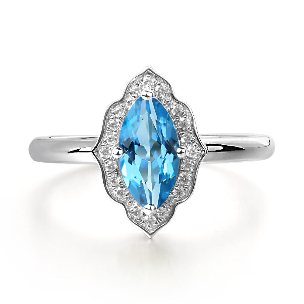 Marquise Cut Swiss Blue Topaz Halo Engagement Ring - LUO Jewelry