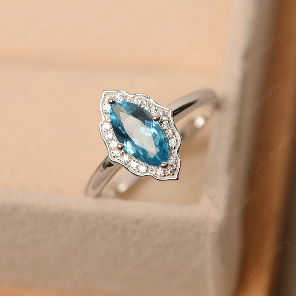 Marquise Cut Swiss Blue Topaz Halo Engagement Ring - LUO Jewelry