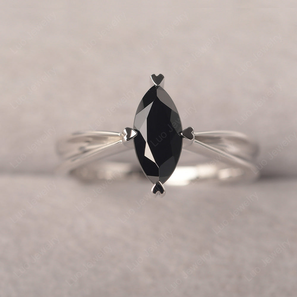 Black Stone Wedding Ring Marquise Solitaire Ring - LUO Jewelry