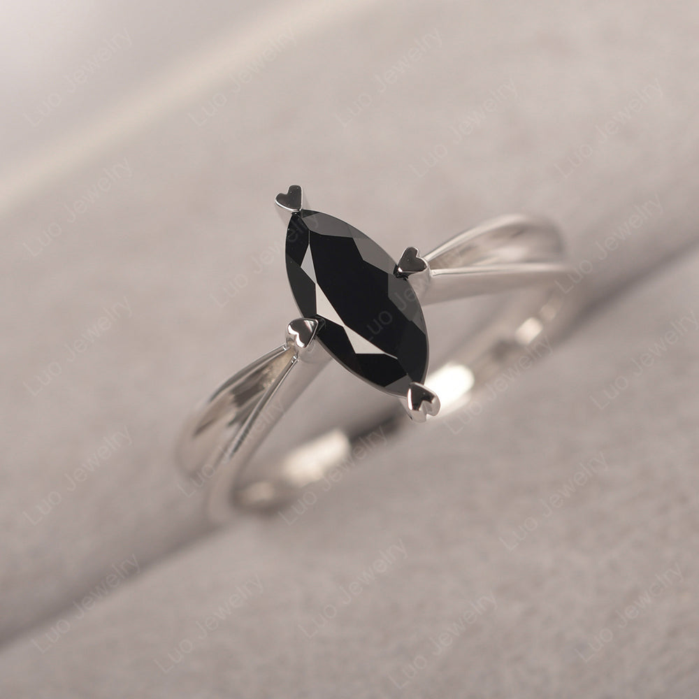 Black Stone Wedding Ring Marquise Solitaire Ring - LUO Jewelry
