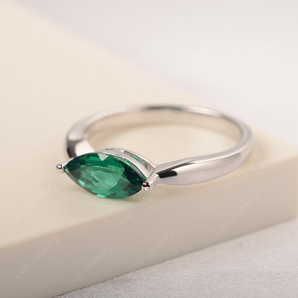 East West Marquise Cut Lab Emerald Solitaire Ring - LUO Jewelry