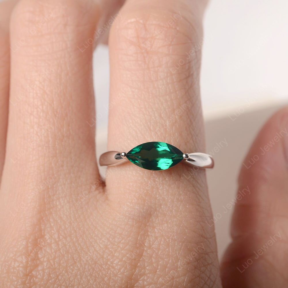 East West Marquise Cut Lab Emerald Solitaire Ring - LUO Jewelry