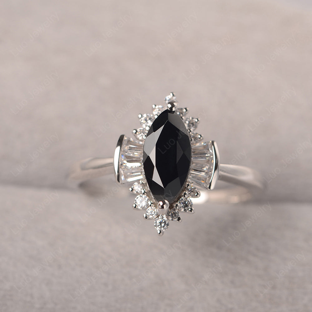 Marquise Black Stone Engagement Ring White Gold - LUO Jewelry