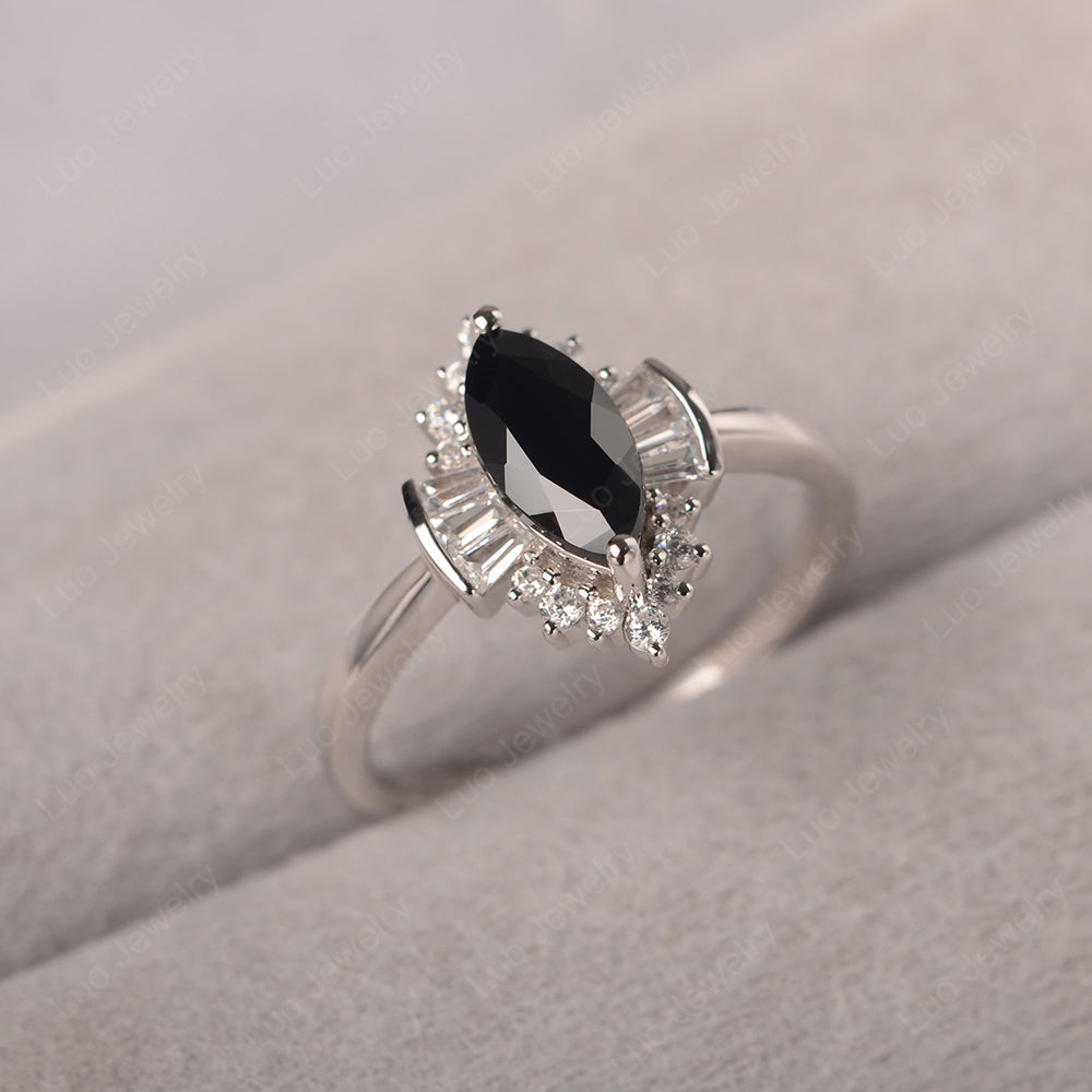 Marquise Black Stone Engagement Ring White Gold - LUO Jewelry