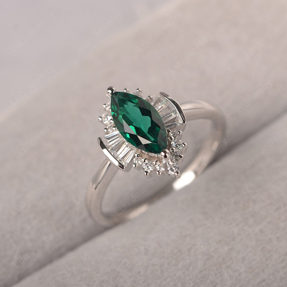 Marquise Lab Emerald Engagement Ring White Gold - LUO Jewelry