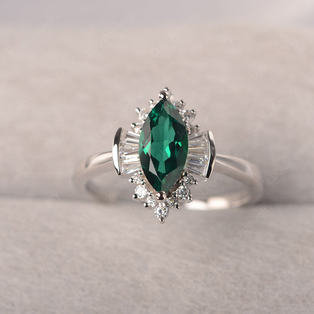 Marquise Lab Emerald Engagement Ring White Gold - LUO Jewelry