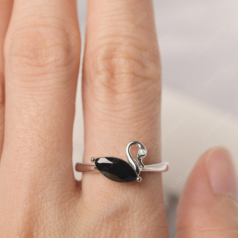 Black Stone Ring Swan Engagement Ring - LUO Jewelry