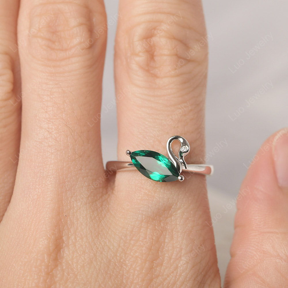 Lab Emerald Ring Swan Engagement Ring - LUO Jewelry