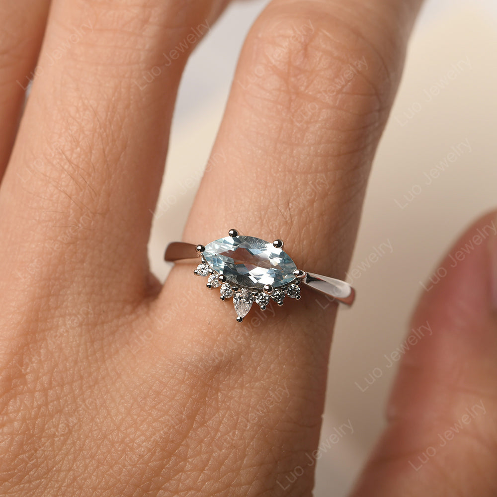 Horizontal Marquise Aquamarine Ring White Gold - LUO Jewelry