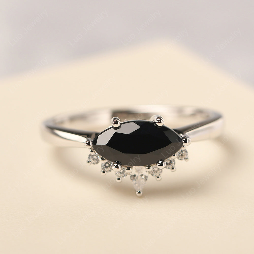 Horizontal Marquise Black Stone Ring White Gold - LUO Jewelry