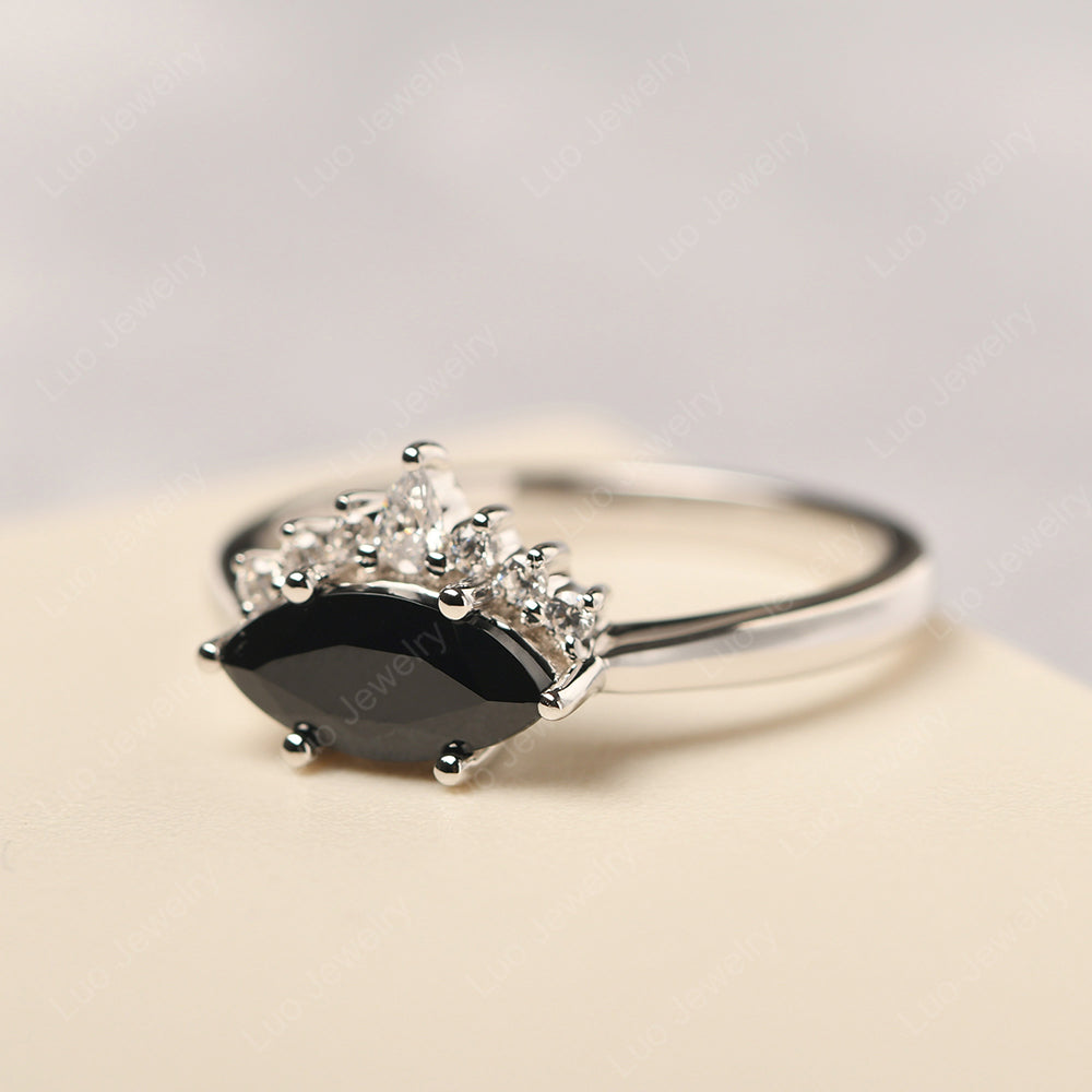 Horizontal Marquise Black Stone Ring White Gold - LUO Jewelry