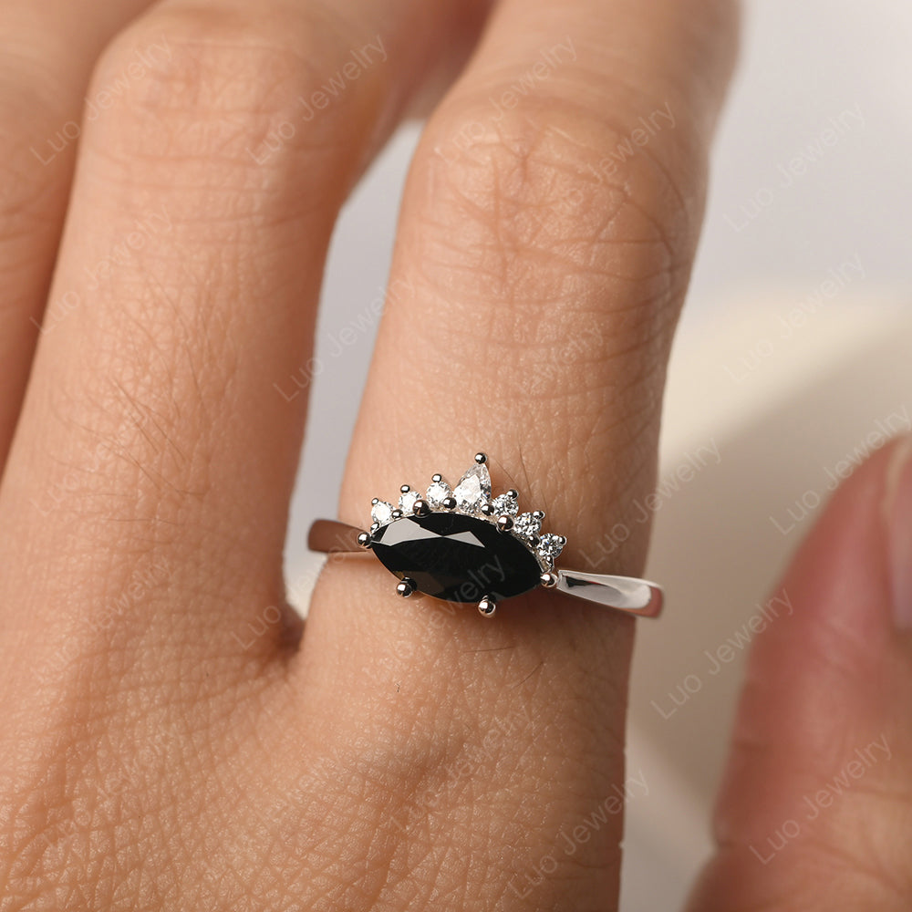 Horizontal Marquise Black Stone Ring White Gold - LUO Jewelry