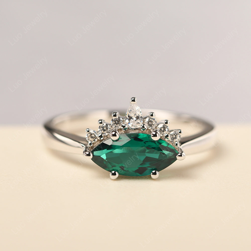 Horizontal Marquise Lab Emerald Ring White Gold - LUO Jewelry