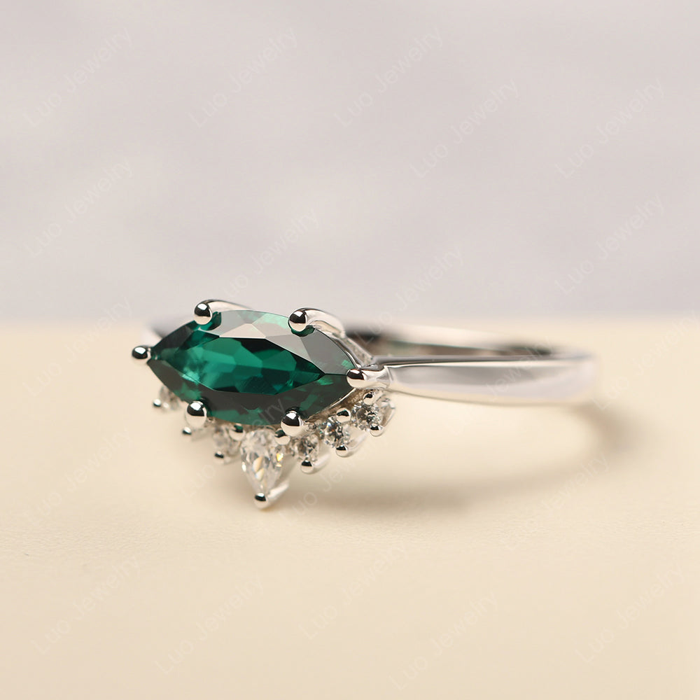 Horizontal Marquise Lab Emerald Ring White Gold - LUO Jewelry