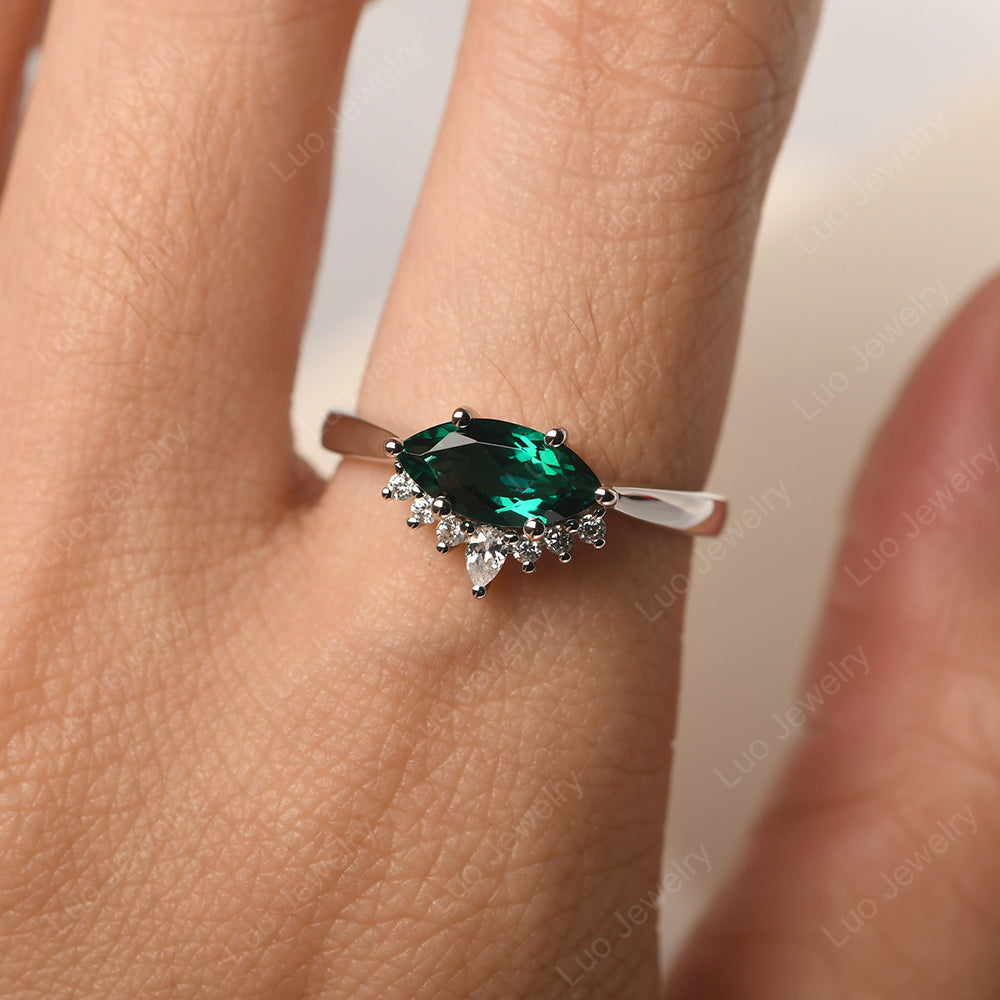 Horizontal Marquise Lab Emerald Ring White Gold - LUO Jewelry