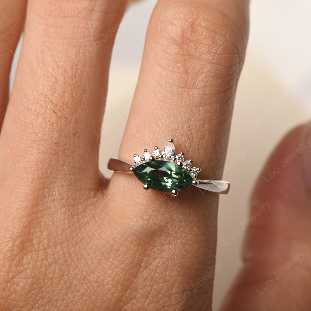 Horizontal Marquise Green Sapphire Ring White Gold - LUO Jewelry