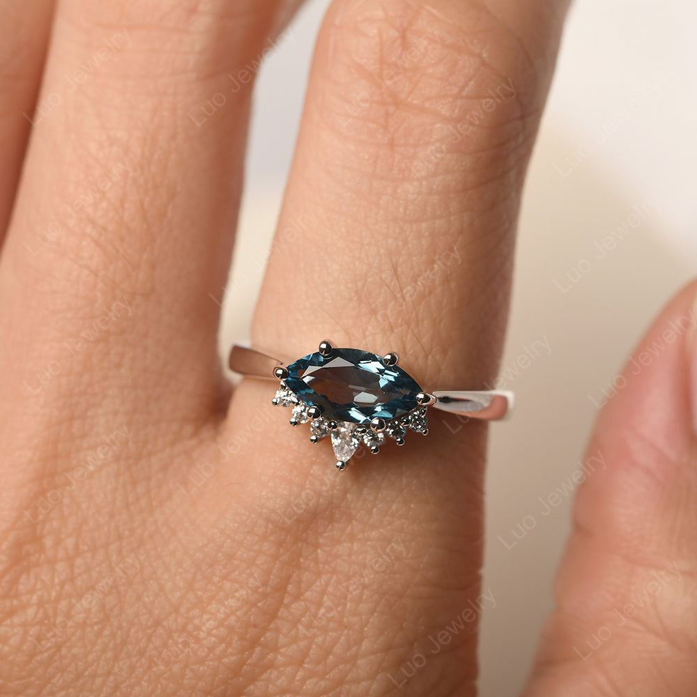 Horizontal Marquise London Blue Topaz Ring White Gold - LUO Jewelry