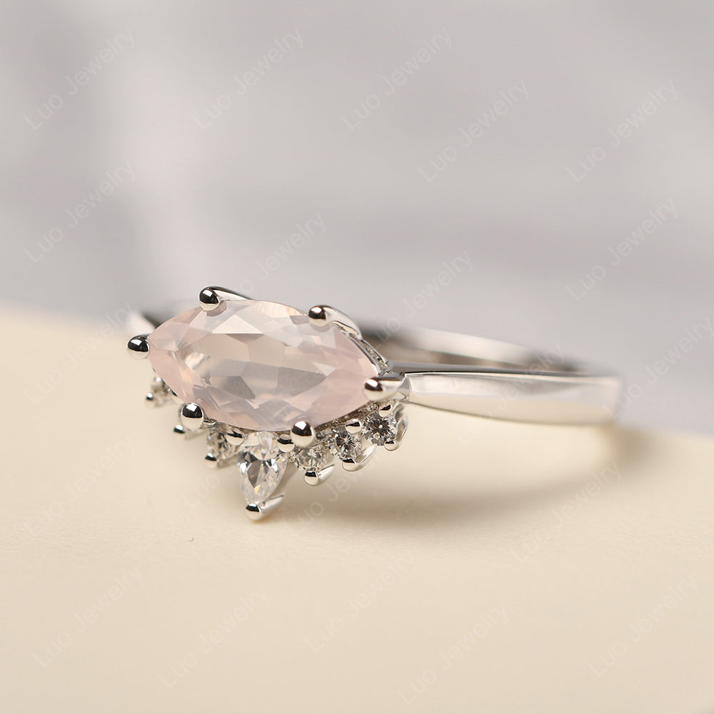 Horizontal Marquise Rose Quartz Ring White Gold - LUO Jewelry