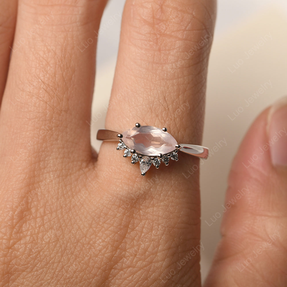 Horizontal Marquise Rose Quartz Ring White Gold - LUO Jewelry