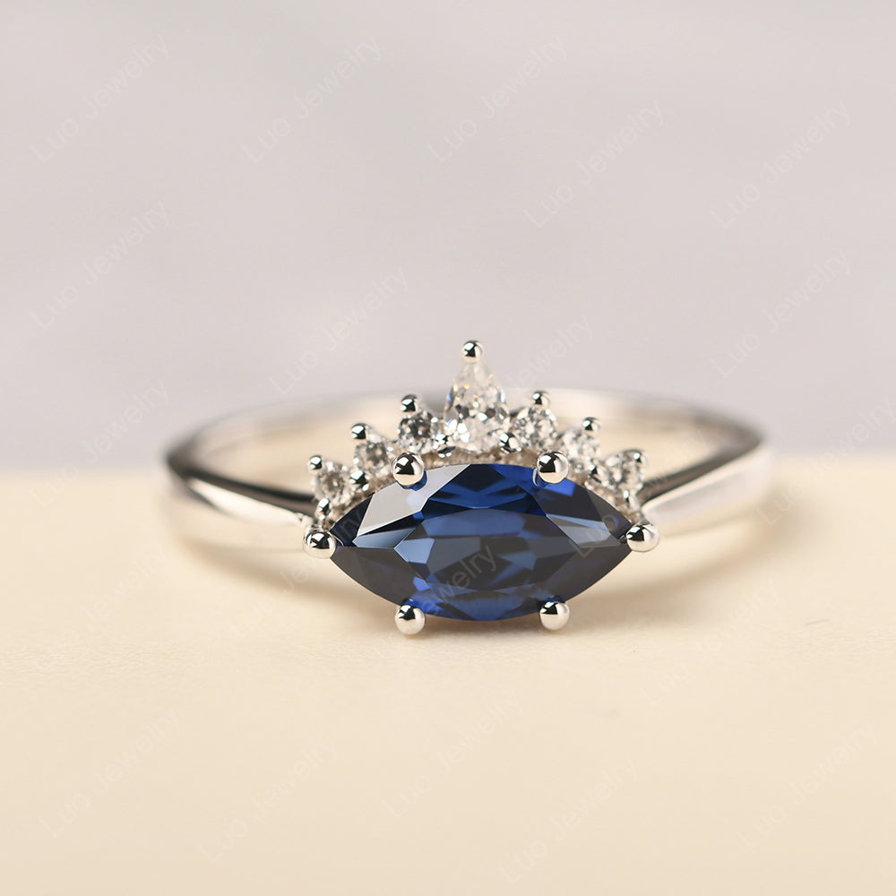 Horizontal Marquise Lab Sapphire Ring White Gold - LUO Jewelry