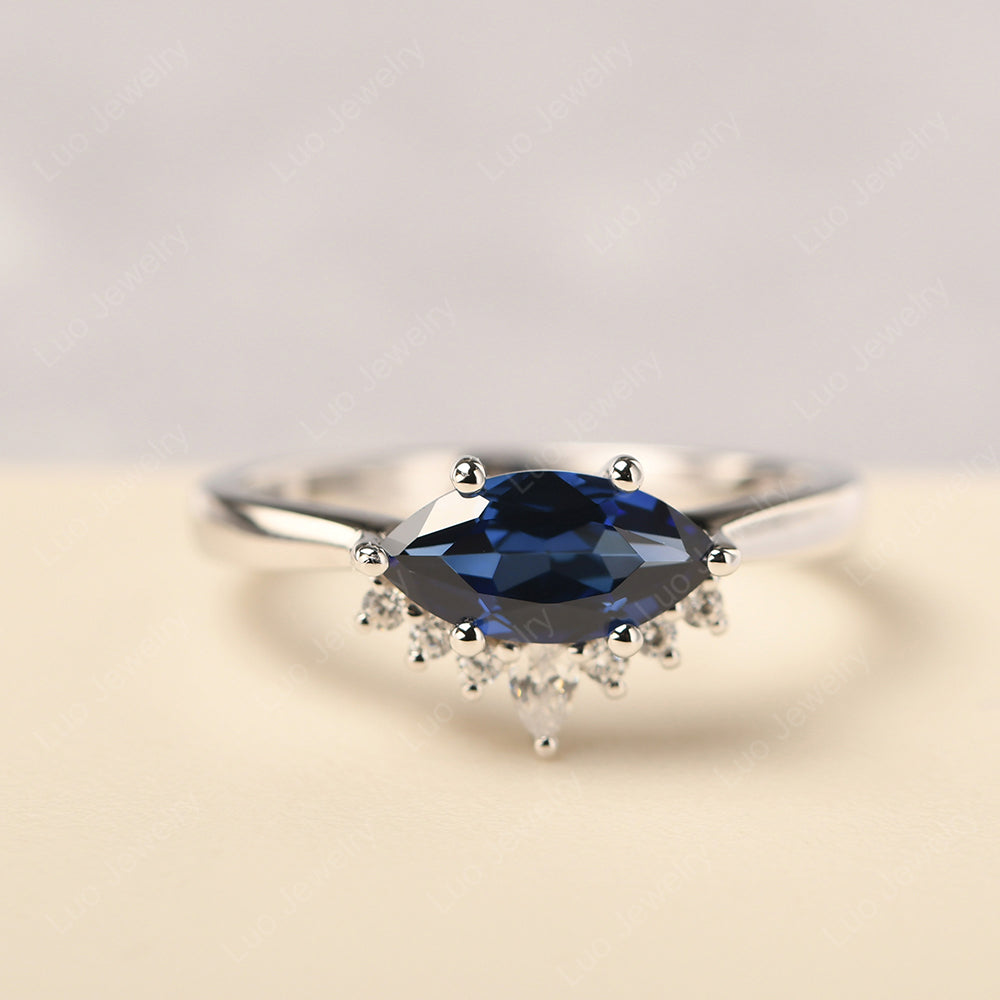 Horizontal Marquise Lab Sapphire Ring White Gold - LUO Jewelry