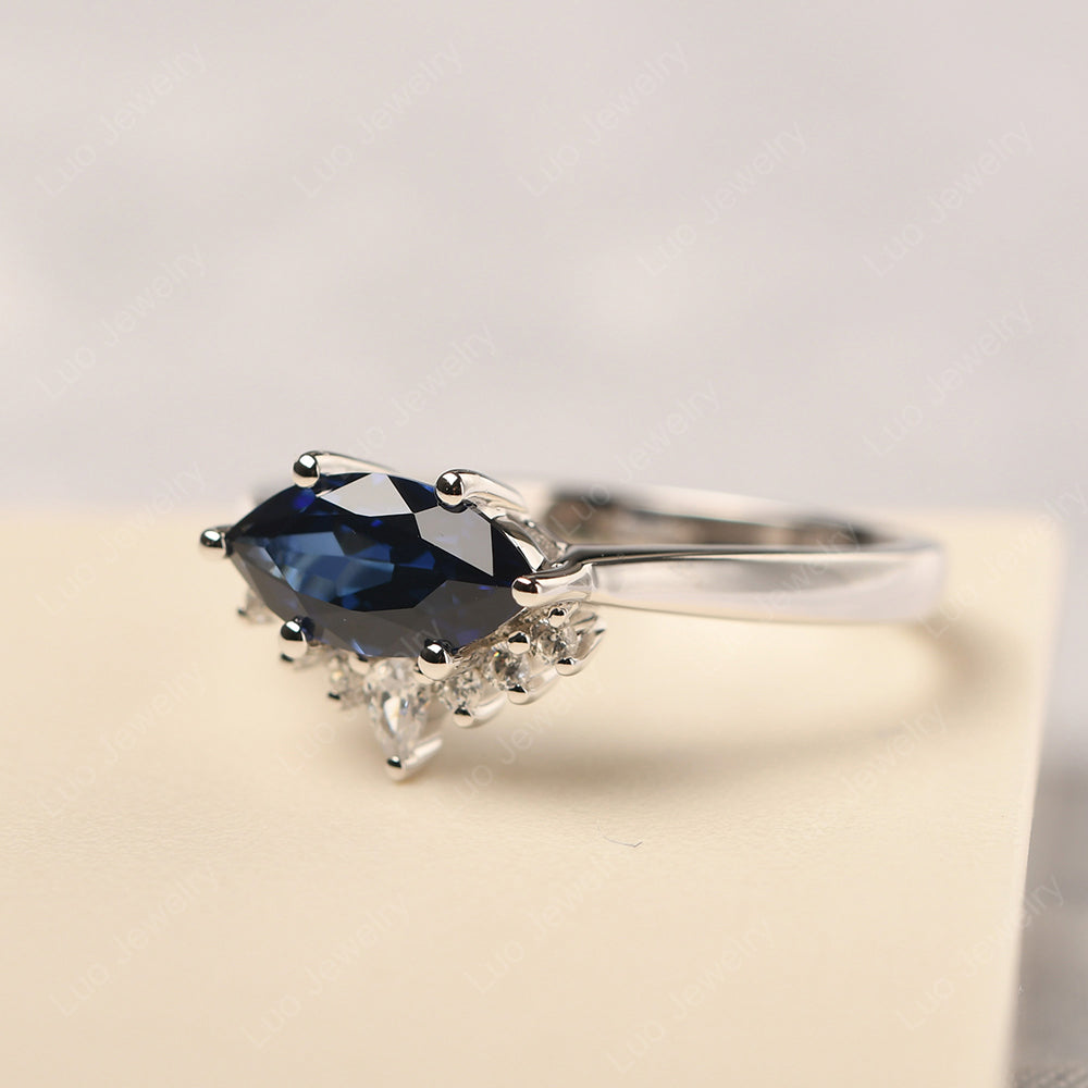 Horizontal Marquise Lab Sapphire Ring White Gold - LUO Jewelry