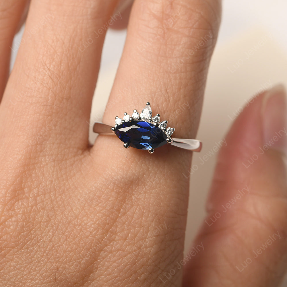 Horizontal Marquise Lab Sapphire Ring White Gold - LUO Jewelry