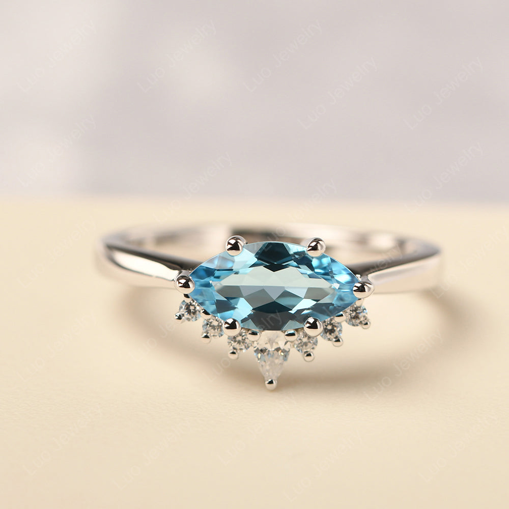 Horizontal Marquise Swiss Blue Topaz Ring White Gold - LUO Jewelry