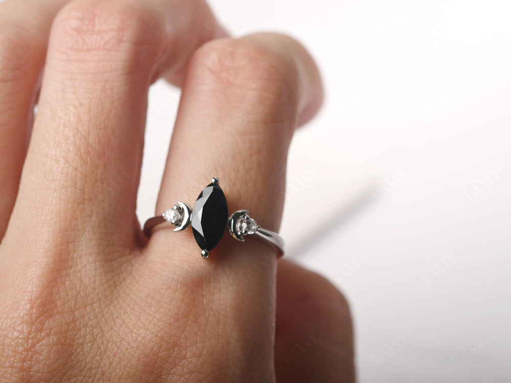 Marquise Cut Black Spinel Moon Ring - LUO Jewelry
