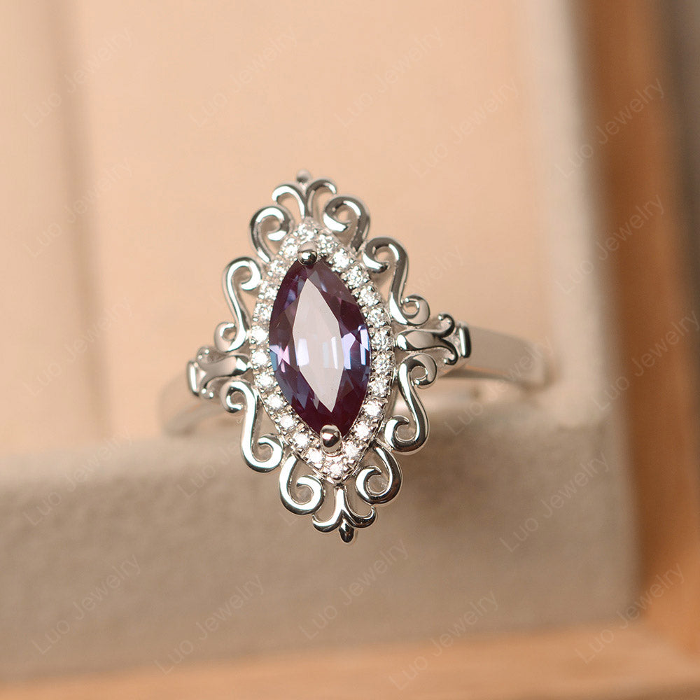 Vintage Marquise Cut Lab Grown Alexandrite Halo Ring