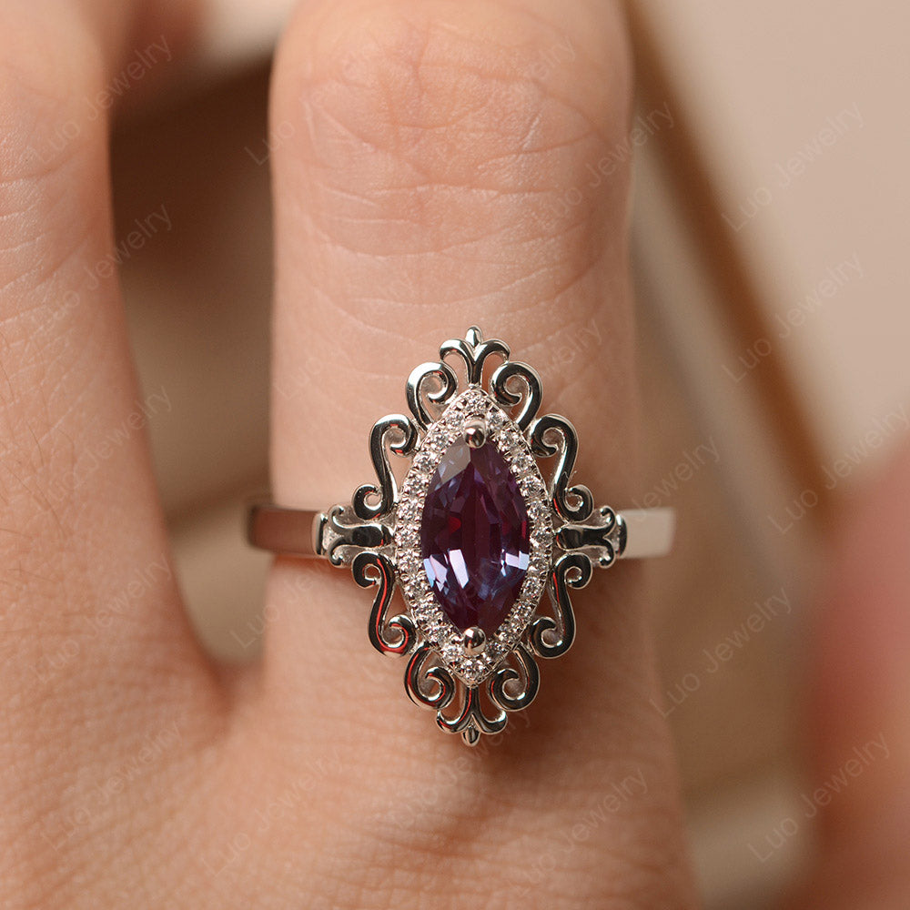 Vintage Marquise Cut Lab Alexandrite Halo Ring