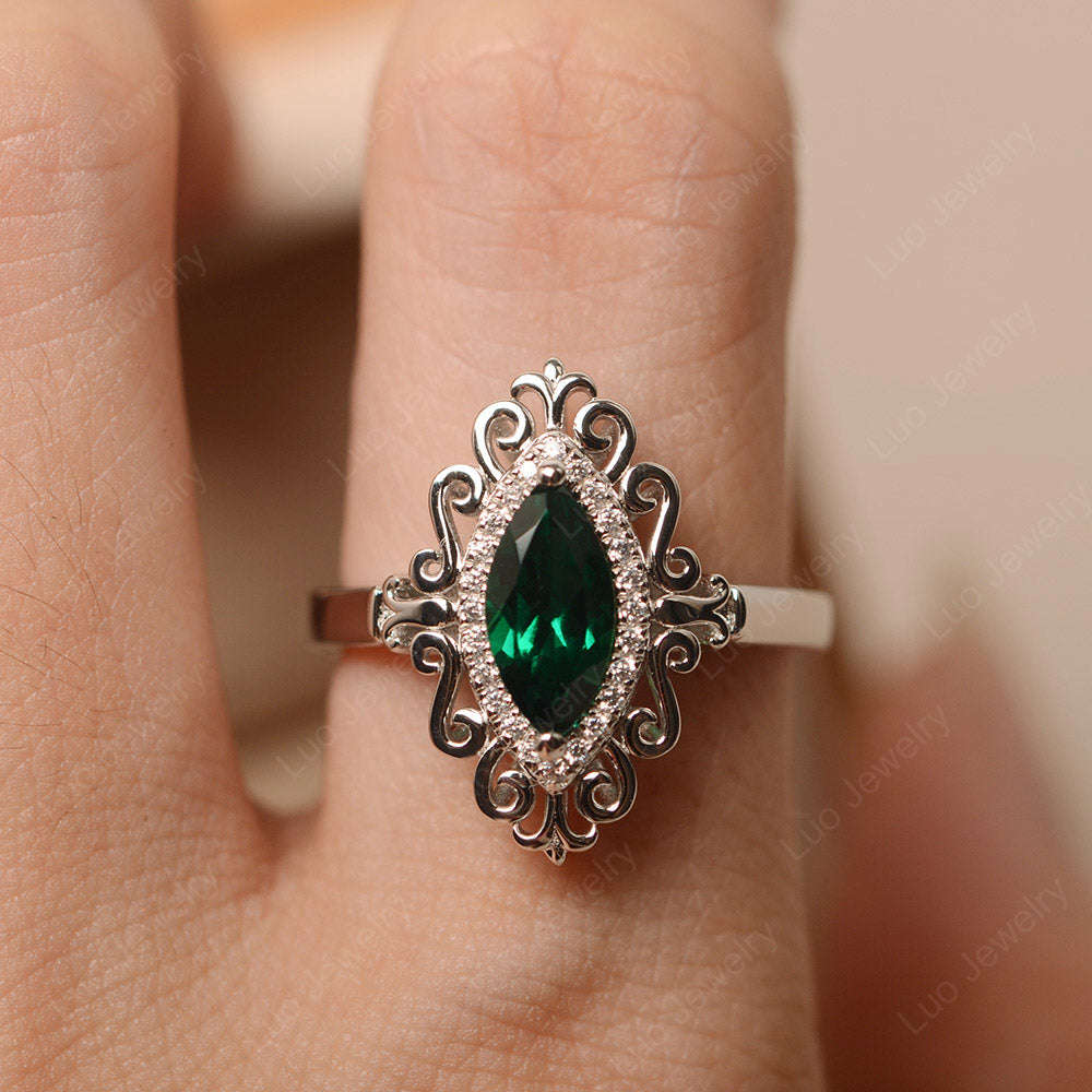Vintage Marquise Cut Lab Emerald Halo Ring