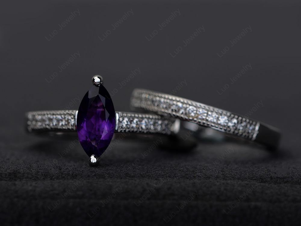 Marquise Cut Bridal Set Amethyst Ring 2 Prong - LUO Jewelry