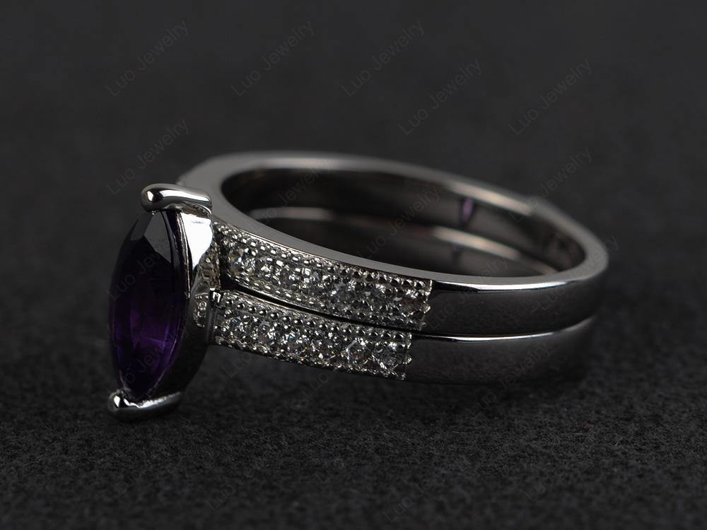 Marquise Cut Bridal Set Amethyst Ring 2 Prong - LUO Jewelry