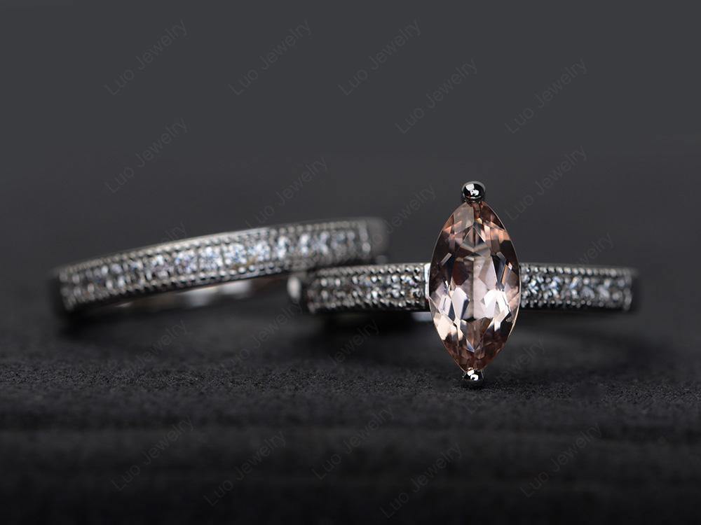Marquise Cut Bridal Set Morganite Ring 2 Prong - LUO Jewelry