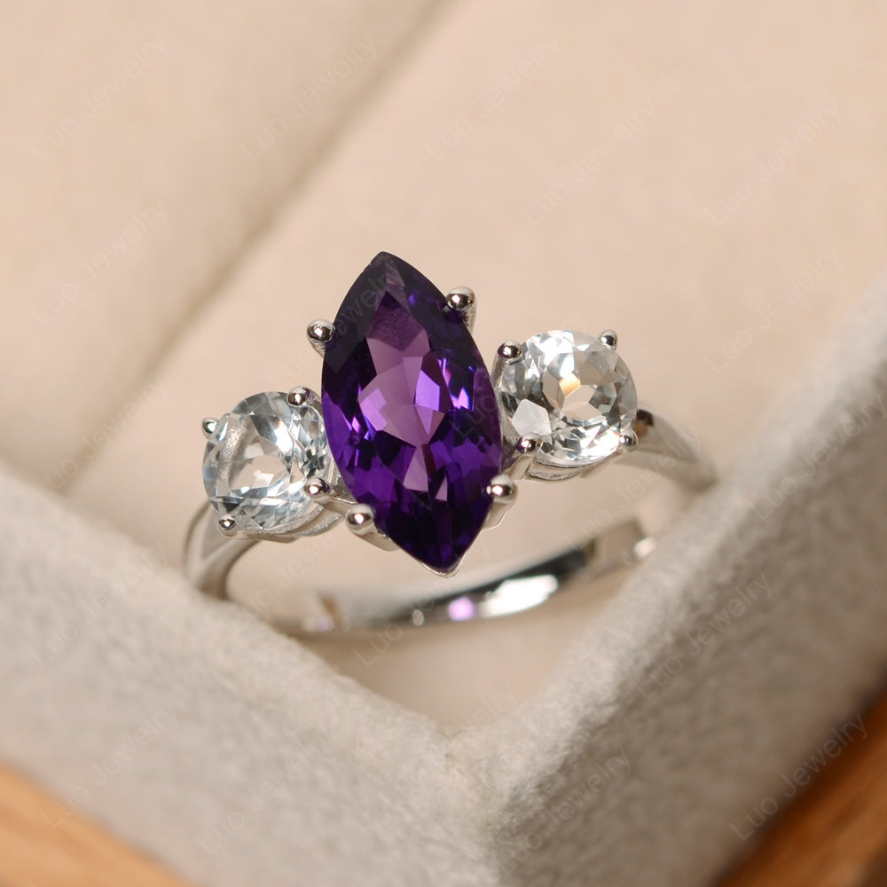 Marquise Cut Three Stone Amethyst Wedding Ring - LUO Jewelry