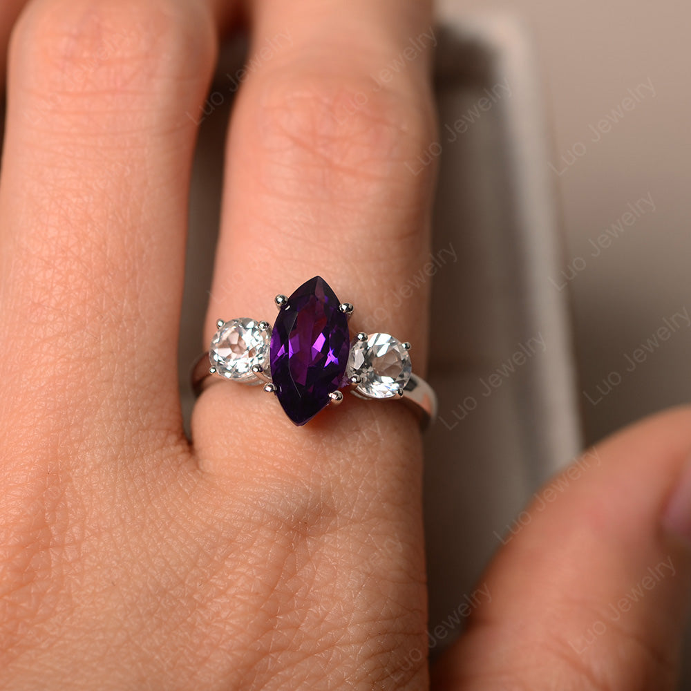 Marquise Cut Three Stone Amethyst Wedding Ring - LUO Jewelry