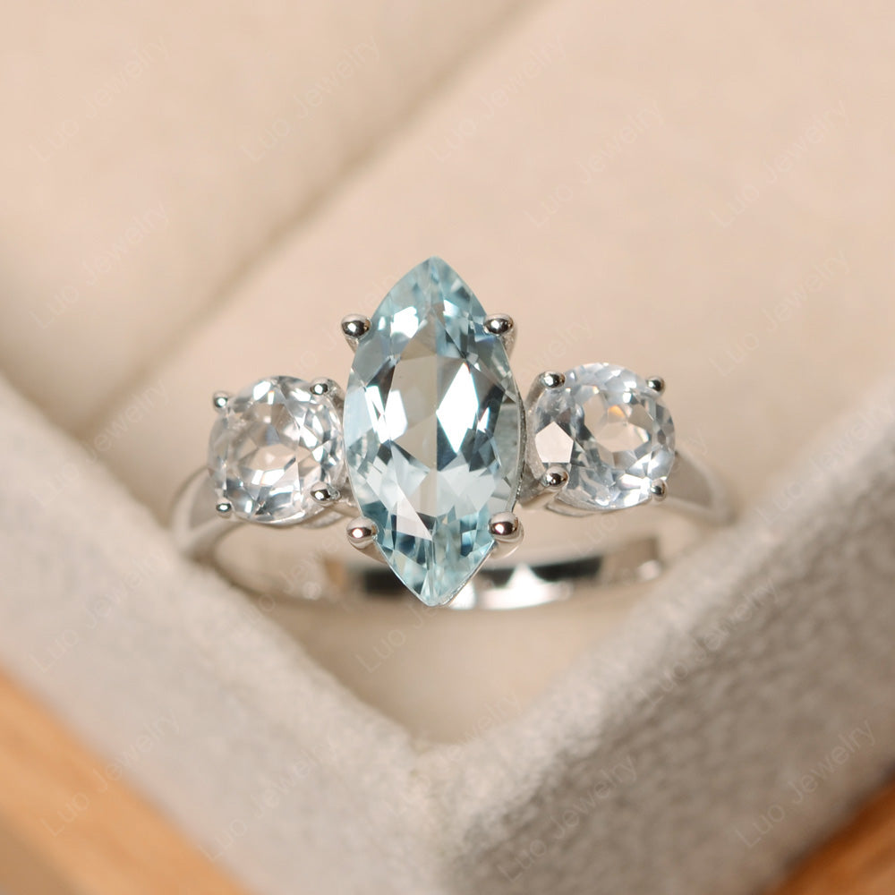 Marquise Cut Three Stone Aquamarine Wedding Ring - LUO Jewelry