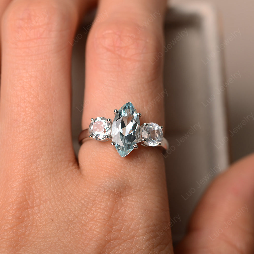 Marquise Cut Three Stone Aquamarine Wedding Ring - LUO Jewelry