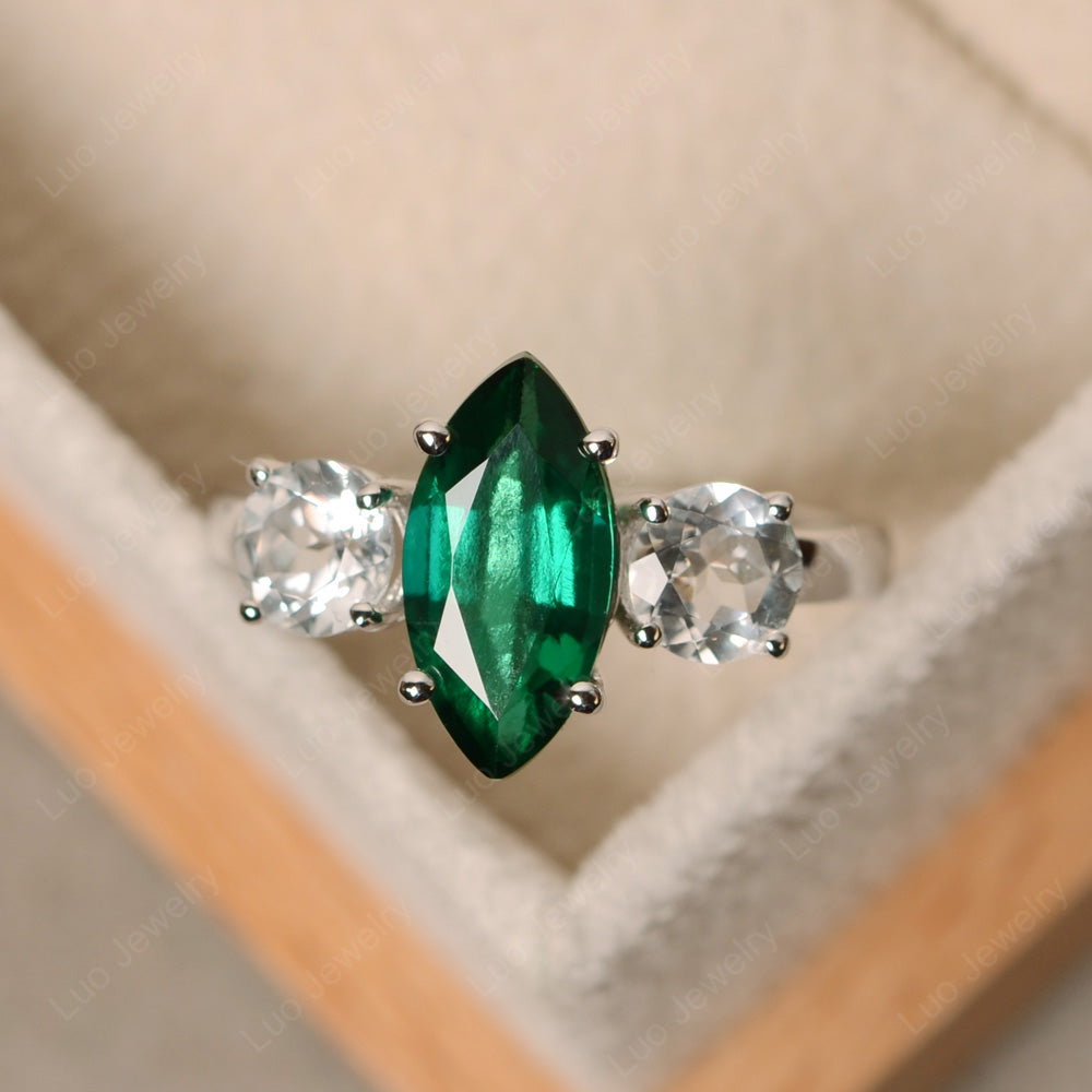 Marquise Cut Three Stone Lab Emerald Wedding Ring - LUO Jewelry